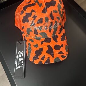 Von Dutch Orange and Black Camo Rhinestone Logo Trucker Hat